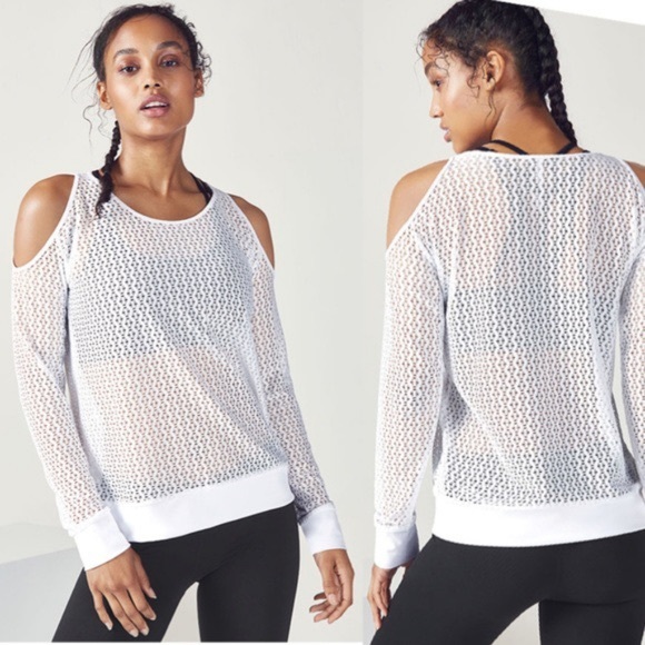 Fabletics Tops - Fabletics Cindy L/S White Mesh Cold Shoulder Top